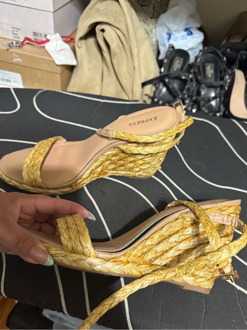 Express Yellow Braided Rope Wedge Sandals with Ankle Tie